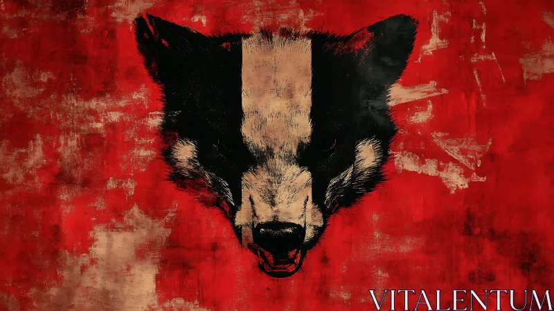 Snarling badger portrait over distressed crimson field.