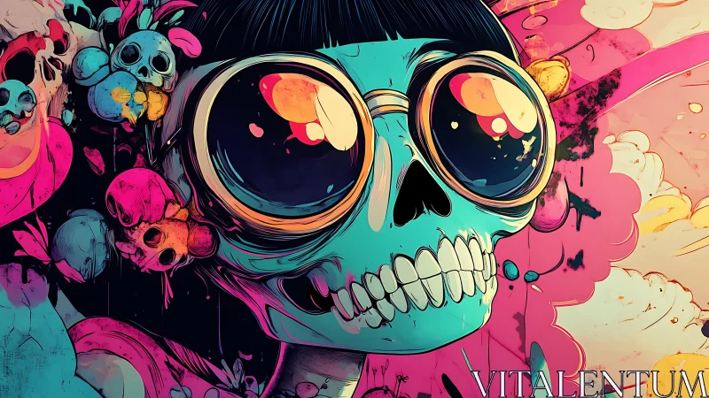 Psychedelic skull portrait with oversized reflective goggles.