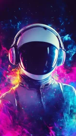 Astronaut in headphones amid neon vapor and dark void.