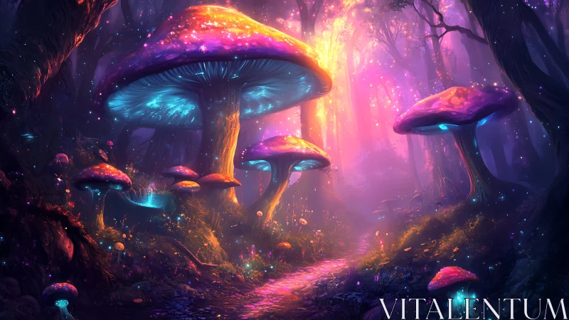 Bioluminescent mega-mushrooms illuminate a chromatic forest path