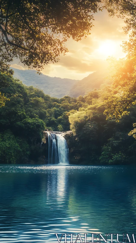 Sunlit jungle waterfall pours into a tranquil blue lagoon.