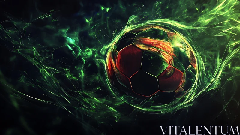 Plasma-charged soccer ball swirling through neon storm.