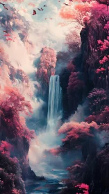 Dreamlike pink canyon waterfall shimmers through misty light