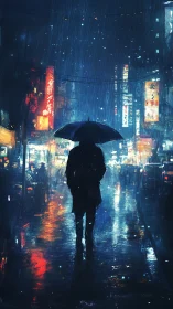 Silhouetted pedestrian walks under umbrella on wet neon street