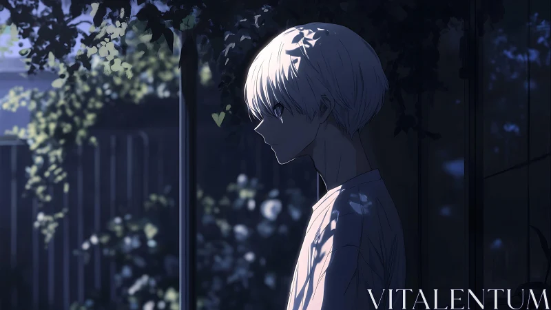 Nocturnal courtyard profile under fragmented foliage light.