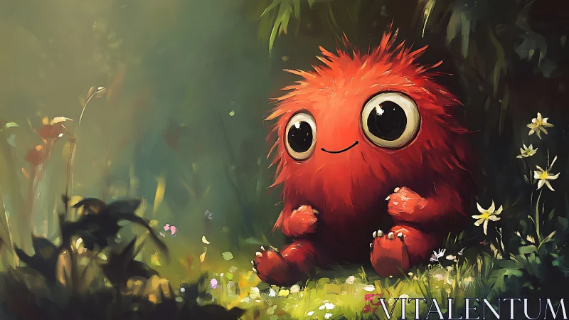 Red furry forest creature sits among glowing wildflowers