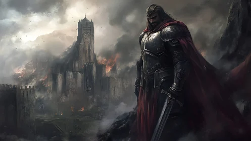 Brooding warlord before a burning citadel of broken oaths.