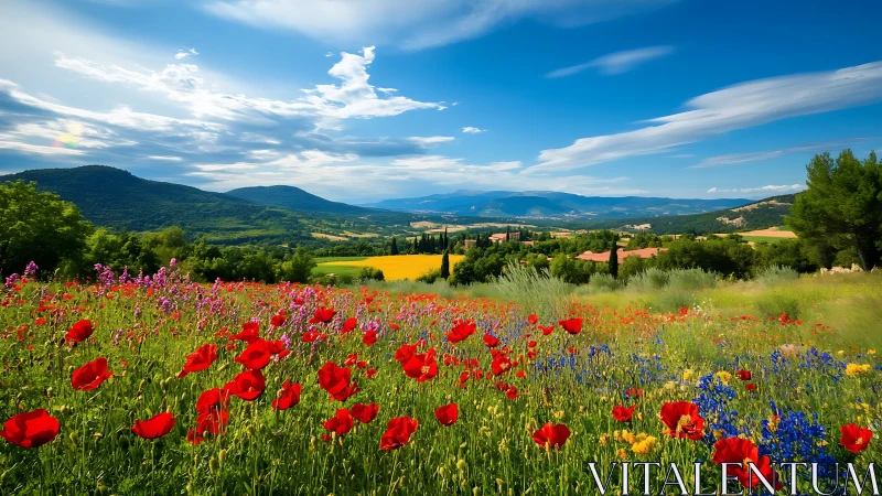 Wildflower meadow before distant hills under clear sky.