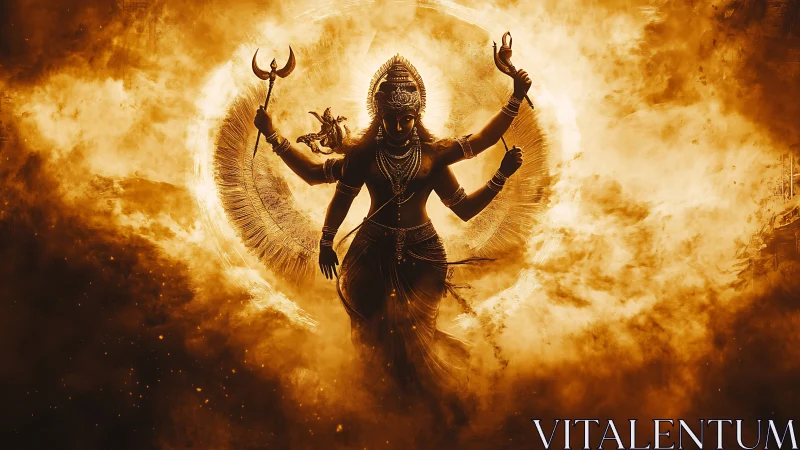 Multi-armed deity silhouette in radiant fiery cloudscape.