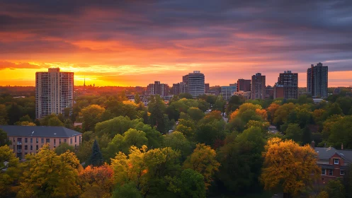 Urban skyline over dense autumn trees at sunset period.