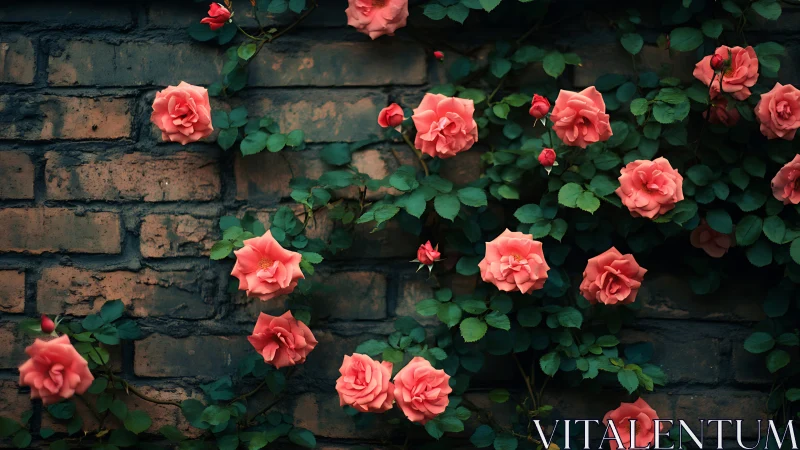 Vibrant coral roses flourish against weathered brick garden wall