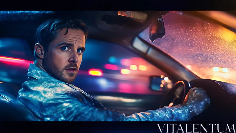 Neon-soaked driver glances back through rain-streaked night