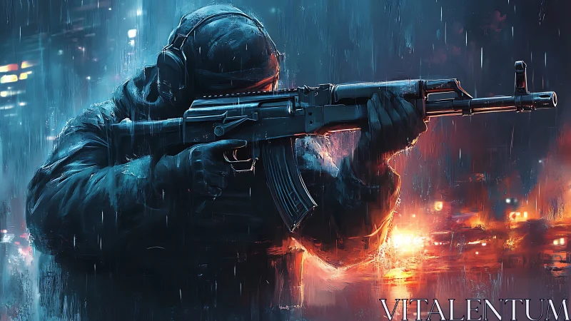 Hooded rifleman in neon rain-soaked urban battlefield.