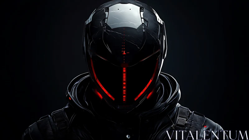 Tactical cybernetic operator helmet with red visor array.