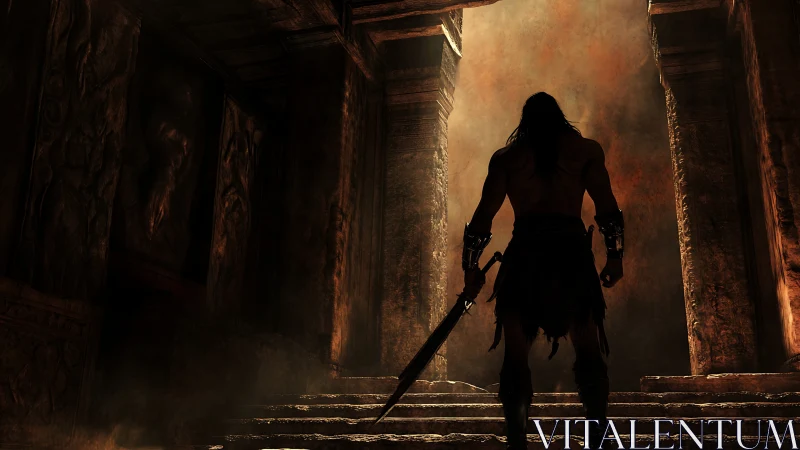 Warrior stands in ruined stone temple facing fiery light