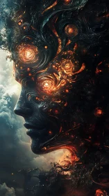Fiery cosmic humanoid profile merges with swirling clouds