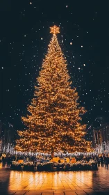 Starlit city spruce turns snowfall into golden constellations