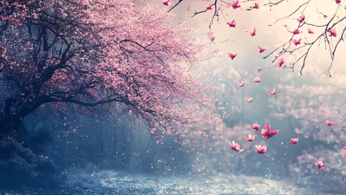 Cherry blossom canopy dissolves into drifting floral fragments