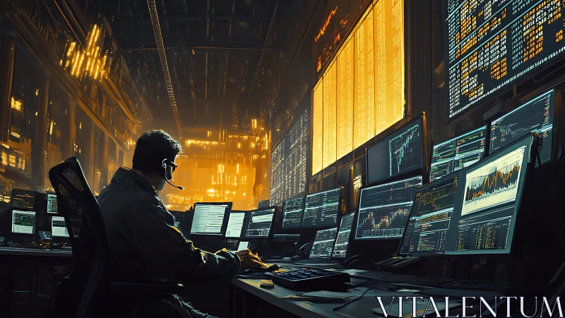 Cyber trader monitors multi-screen market command center.