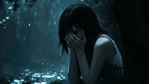 Solitary figure seated by tree in dim blue-toned forest.