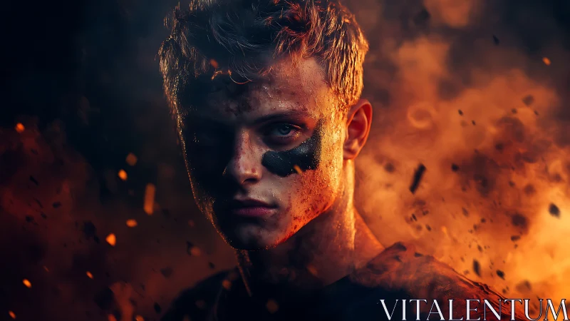 Ember-lit warrior studies the chaos swirling around his gaze