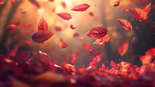 Autumn leaves drift through golden light in a tranquil forest