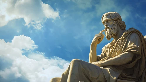 Stone philosopher statue sits beneath a partly cloudy sky