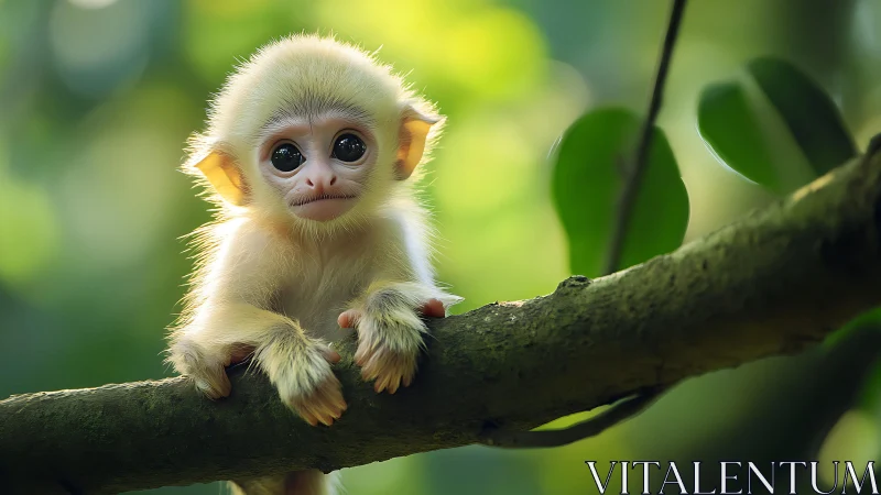 Juvenile monkey on mossy branch under soft forest backlighting