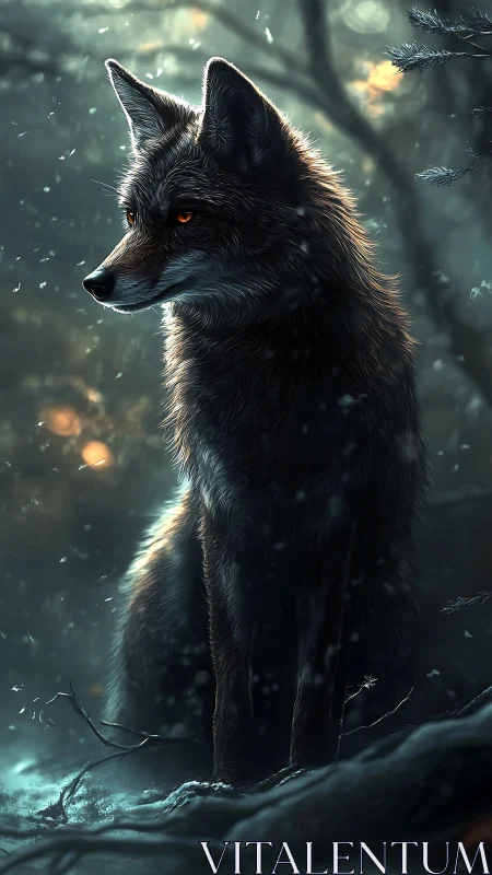 Midnight fox sentinel in ethereal winter forest glow.