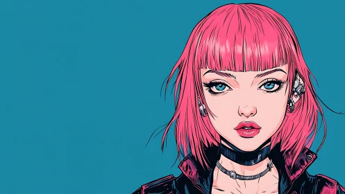 Cyberpunk pink-haired girl stares ahead with bold intensity.