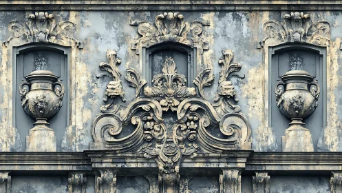 Weathered baroque façade relief with urns and floral scrollwork