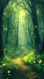 Enchanted Forest Path with Luminous Fireflies