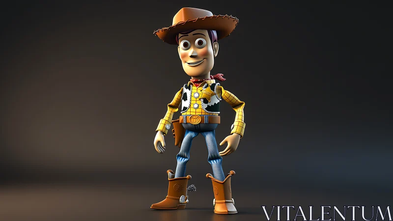Cowboy-themed 3D cartoon toy character on dark backdrop.