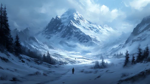 Solitary trekker crossing vast frozen alpine valley.