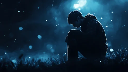 Nocturnal silhouette in cyan-luminous particulate field.