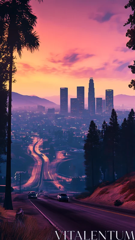 Sunset city skyline over winding highway from hillside view.