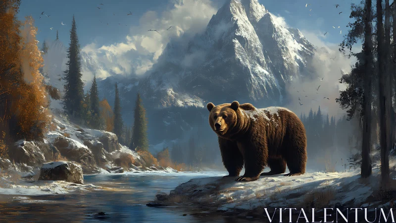 Brown bear near river in snowy alpine conifer landscape.