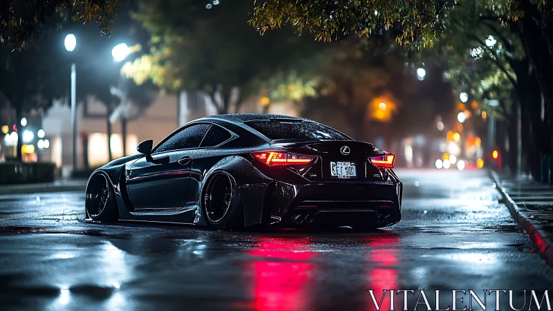 Modified Lexus coupe on wet city street at night period
