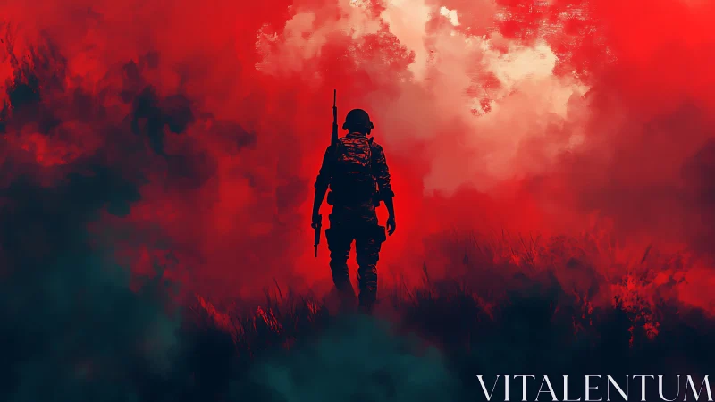 Digital painting of lone soldier in cinematic red battlefield fog.