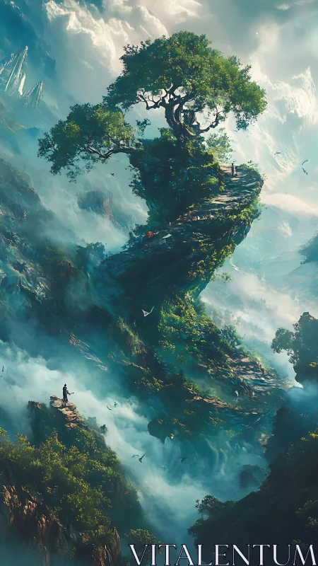 Floating cliff tree above mist valley in fantasy sunrise.