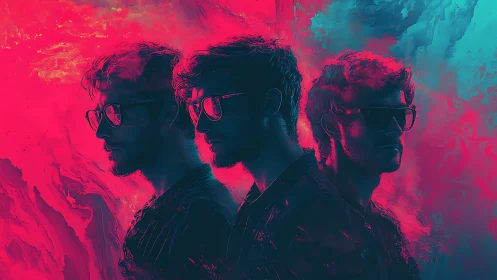 Triangular neon portrait array in dual-tone chromatic turbulence.