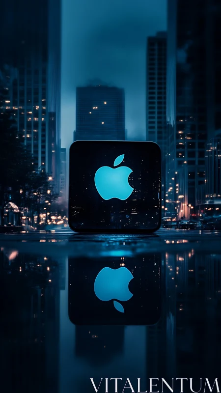 Luminous Apple Logo Dominates Urban Skyline with Reflective Symmetry
