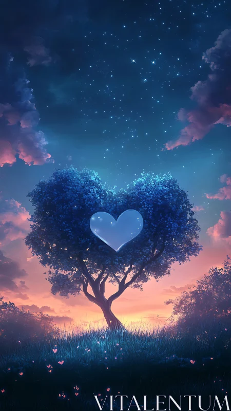 Heart-Shaped Tree Against Starlit Sky With Gradient Atmosphere.
