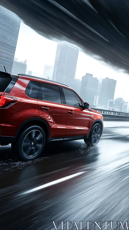 Red city SUV gliding confidently along a rain slick road.