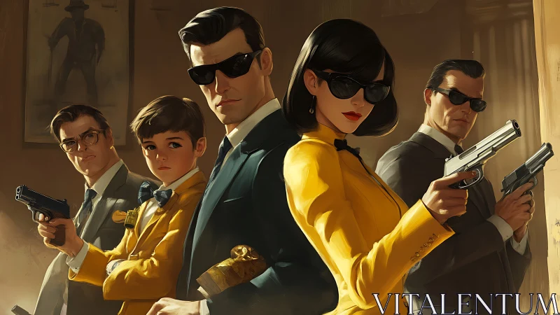 Stylish suited agents with guns in cinematic lineup.