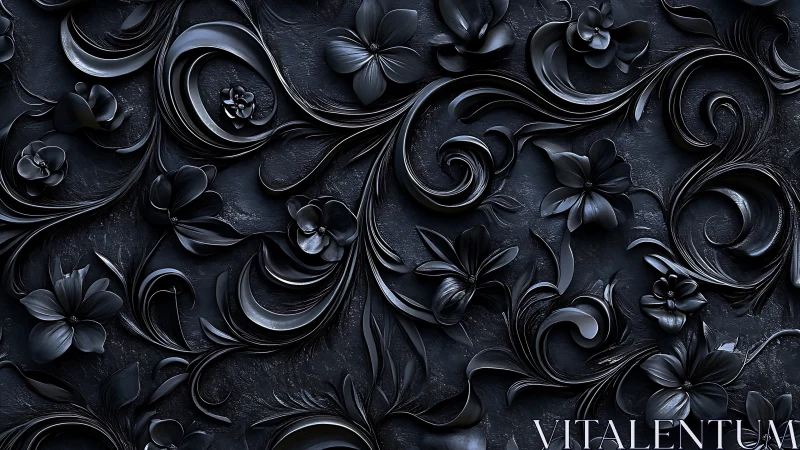 Midnight floral relief swirls in sculpted glossy black forms.