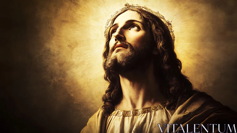 Luminous crowned figure gazing heavenward in warm radiance.