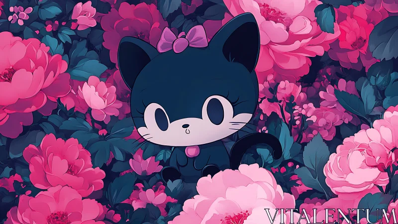 Stylized black chibi cat centered in dense magenta peony field