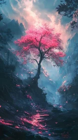 Glowing pink tree welcomes wanderers into a misty valley