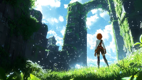 Explorer watching sunlight over overgrown stone ruins.